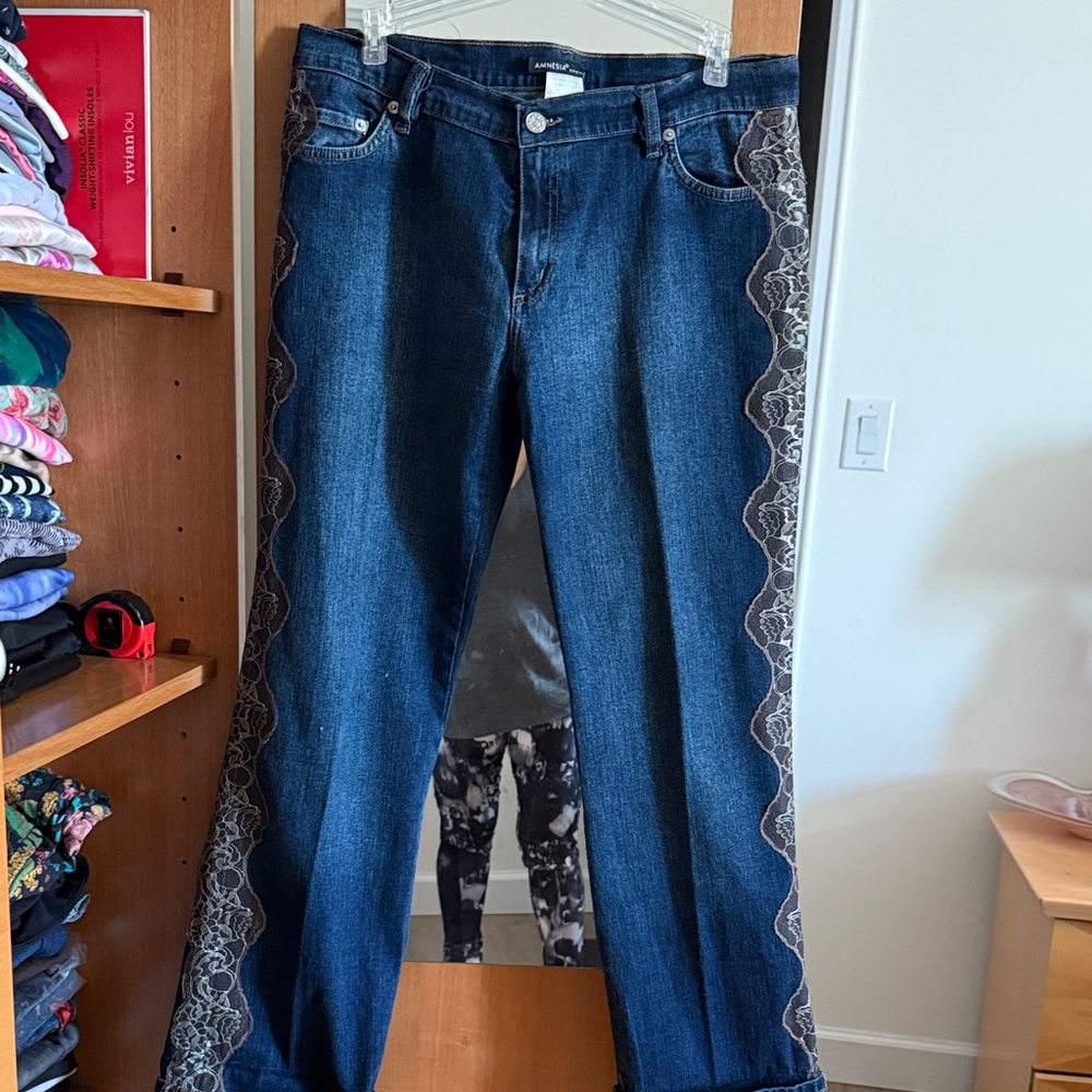 High-Rise Dark Denim Wide-Leg Jeans with Side Lace Panels